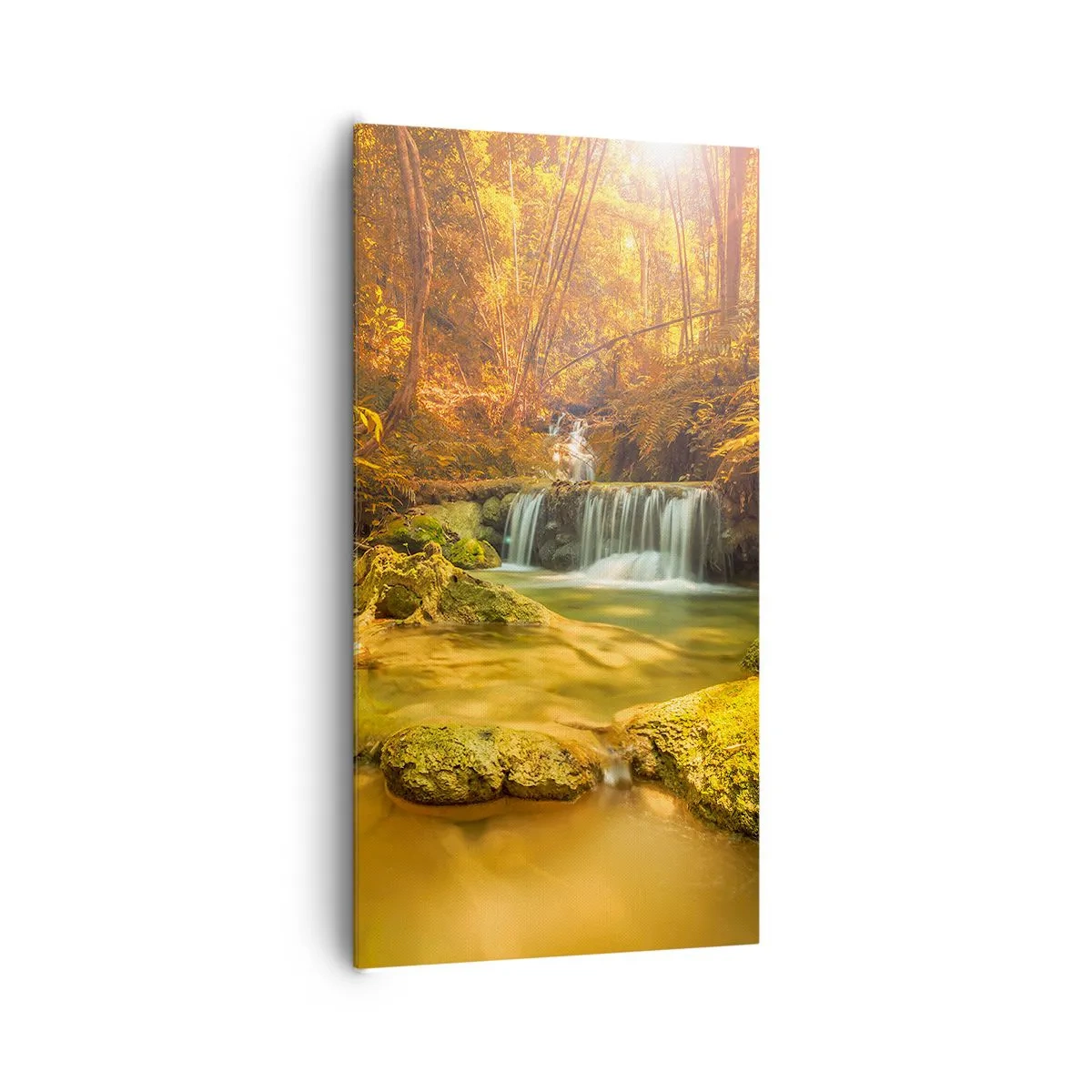 Cuadro sobre lienzo - Impresión de Imagen - Cascada forestal en oro - 65x120 cm