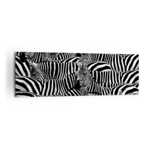 Cuadro sobre lienzo - Impresión de Imagen - Un grupo de cebras con rayas blancas y negras que crean un patrón de simetría. - 160x50cm - Retrato a rayas - Decoración de pared moderna para salón y dormitorio ARTTOR