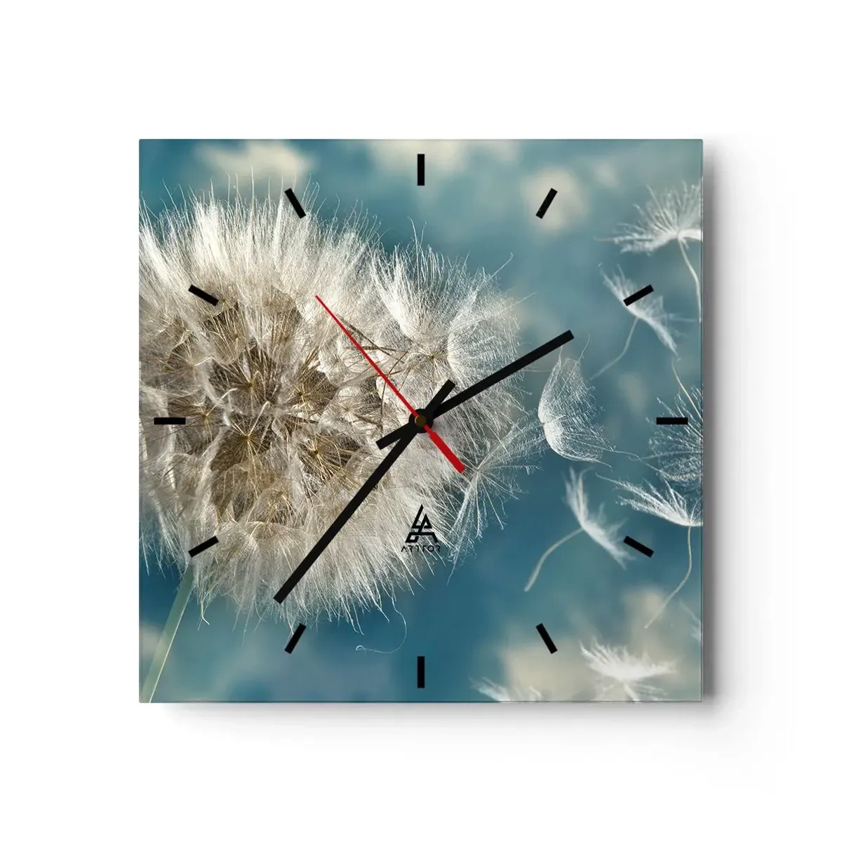 Reloj de pared - Reloj de vidrio - Un diente de león desperdigado contra un cielo azul. - 30x30cm - El aliento de un ángel - Decoración de pared moderna para salón y dormitorio ARTTOR