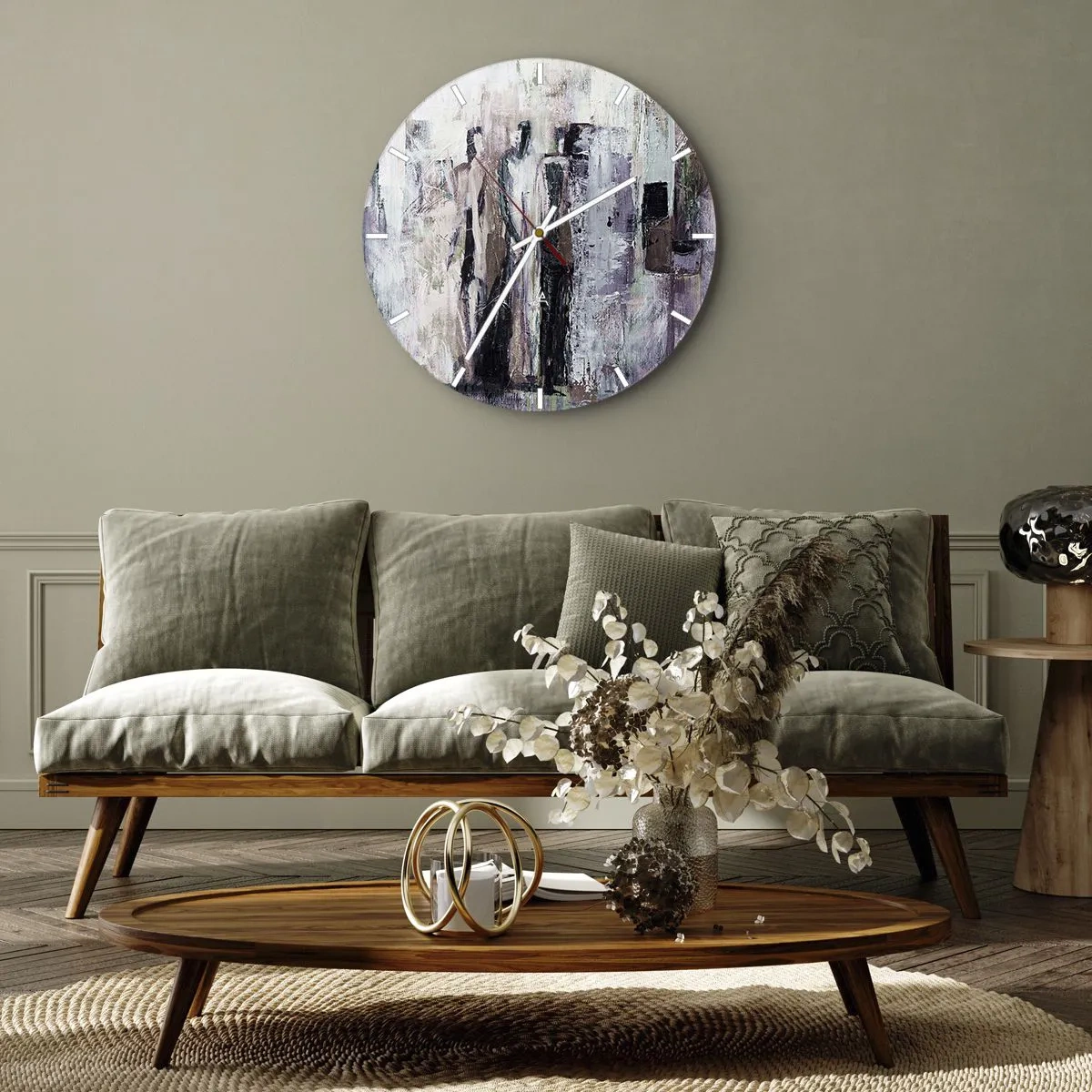 Reloj de pared - Reloj de vidrio - Figuras abstractas en una paleta de colores discretos - 30x30cm - El trío misterioso - Decoración de pared moderna para salón, cocina y dormitorio ARTTOR