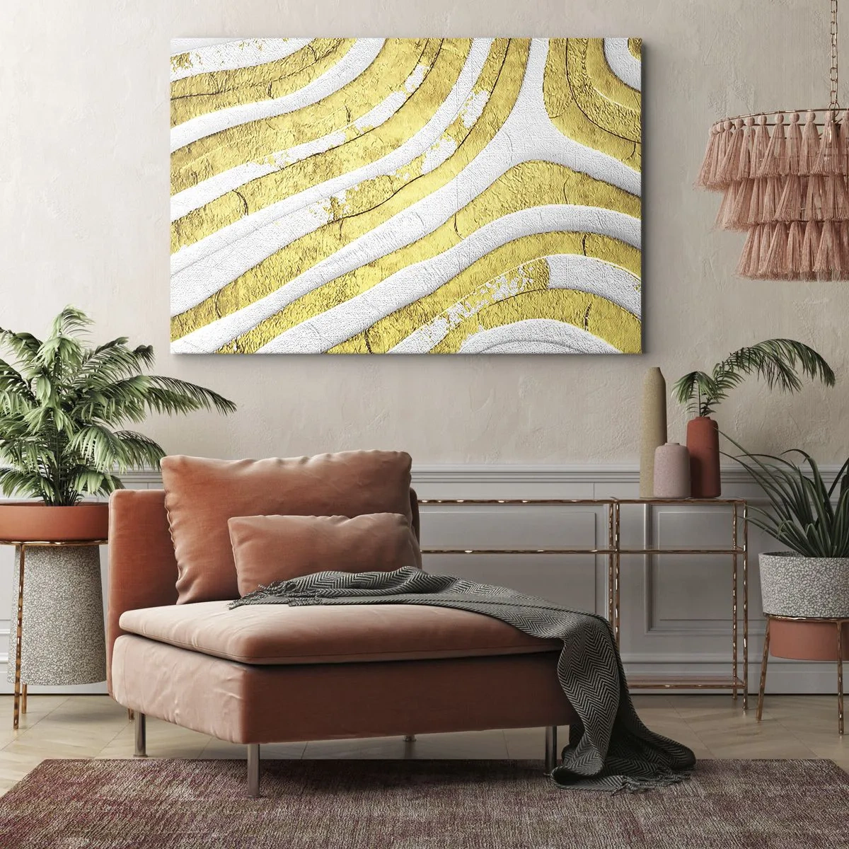 Cuadro sobre lienzo - Impresión de Imagen - Líneas abstractas doradas y blancas en una textura 3D - 70x50cm - Una composición en blanco y oro - Decoración de pared moderna para salón y dormitorio ARTTOR