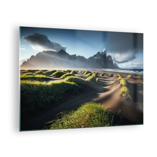 Cuadro sobre vidrio - Impresiones sobre Vidrio - Paisaje islandés con playa negra y montañas - 70x50cm - Armonía de los elementos - Decoración de pared moderna para salón y dormitorio ARTTOR
