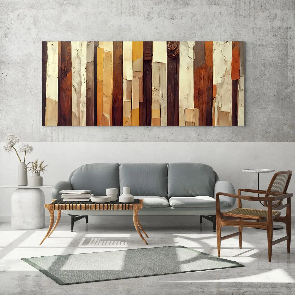 Cuadro sobre vidrio - Impresiones sobre Vidrio - Composición geométrica en tonos madera y dorado. - 140x50cm - Himno de los árboles del bosque - Decoración de pared moderna para salón y dormitorio ARTTOR