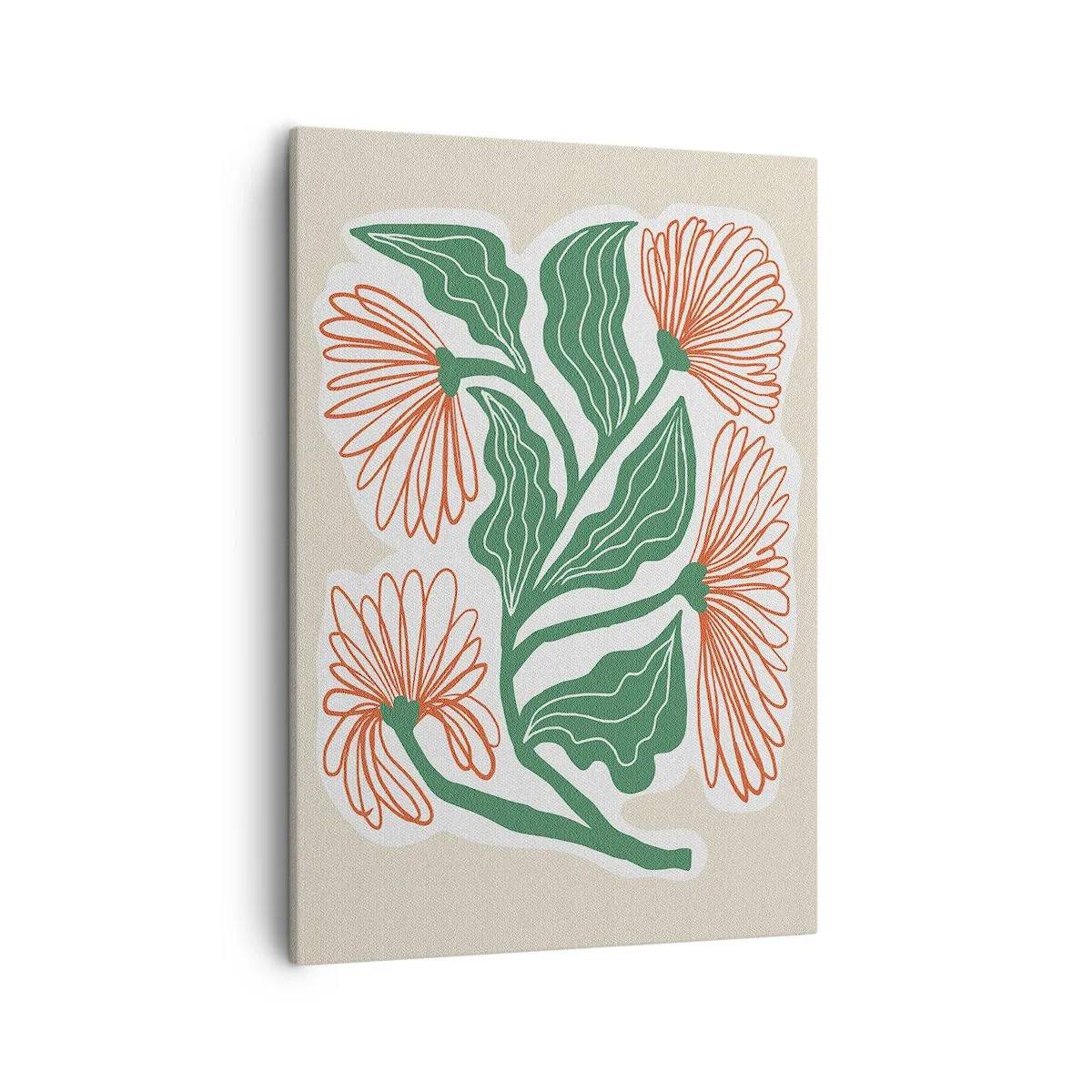 Cuadro sobre lienzo - Impresión de Imagen - Un dibujo de flores en estilo minimalista con hojas verdes. - 50x70cm - Folclórico y moderno - Decoración de pared moderna para salón y dormitorio ARTTOR