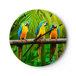 Reloj de pared - Reloj de vidrio - Tres loros guacamayos en una rama en un entorno tropical. - 30x30cm - ¿Y has oído que ella...? - Decoración de pared moderna para salón, cocina y dormitorio ARTTOR
