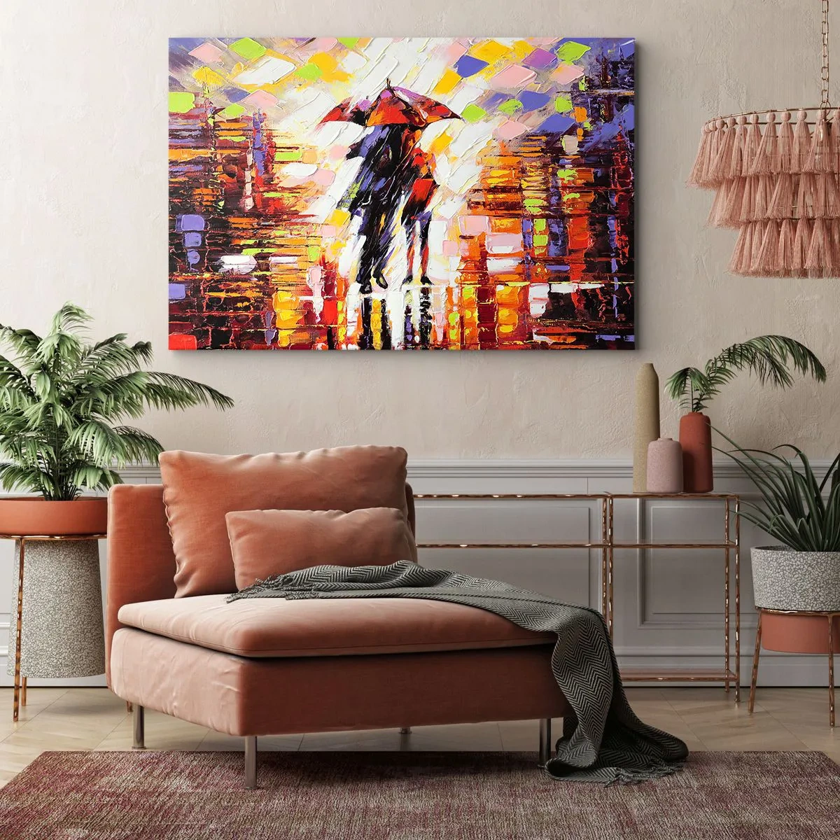 Cuadro sobre lienzo - Impresión de Imagen - Una escena abstracta de un paseo bajo un paraguas en una noche lluviosa. - 70x50cm - Juntos a través de la noche y la lluvia - Decoración de pared moderna para salón y dormitorio ARTTOR