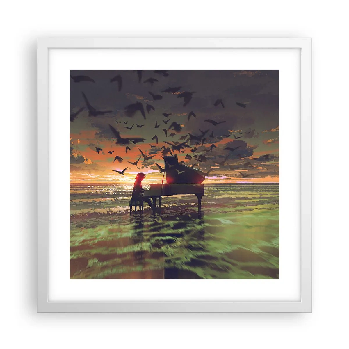 Póster en marco blanco - Concierto de piano y olas - 40x40 cm