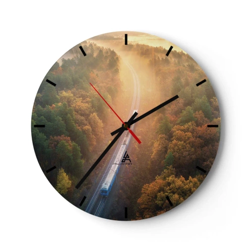 Reloj de pared - Reloj de vidrio - Un tren viajando a través de un bosque otoñal en la niebla de la mañana. - 30x30cm - Un viaje otoñal - Decoración de pared moderna para salón, cocina y dormitorio ARTTOR