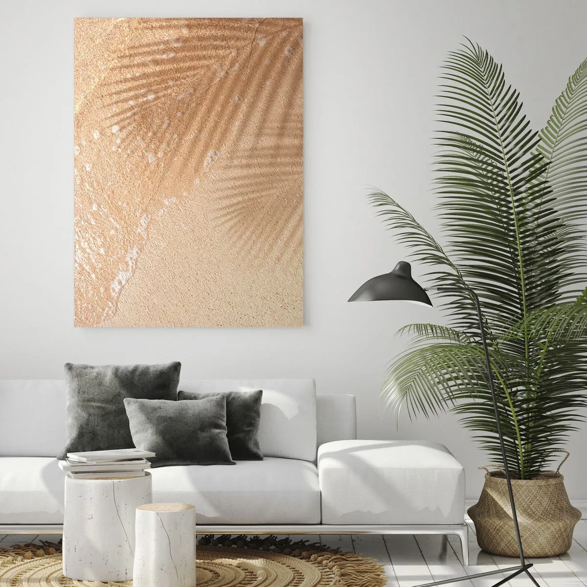 Cuadro sobre vidrio - Impresiones sobre Vidrio - La sombra de una palmera sobre la arena con un delicado patrón de ondas. - 80x120cm - La sombra de un verano caluroso - Decoración de pared moderna para salón y dormitorio ARTTOR