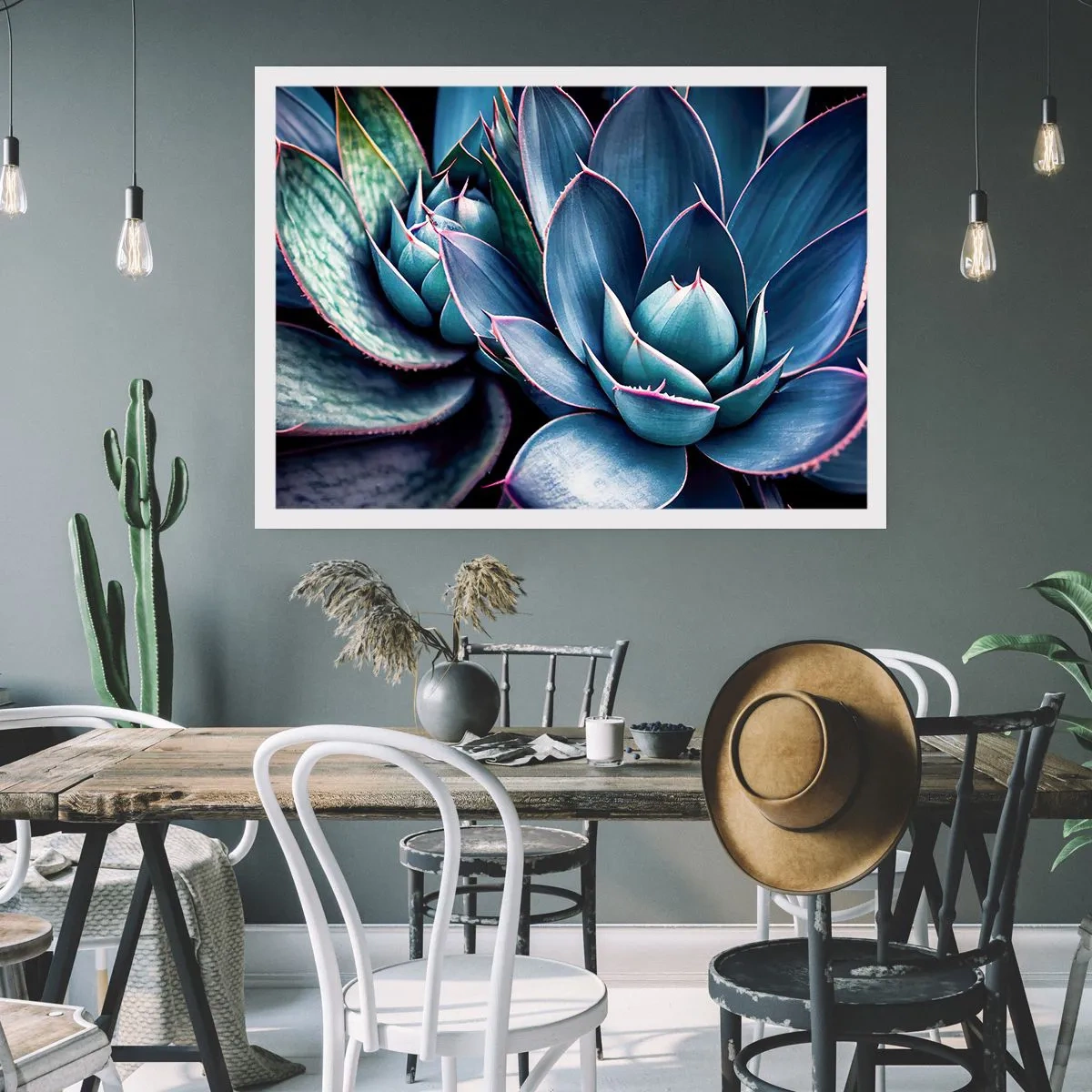 Póster - Agave en tonos azules y verdes con acentos rosados. - 100x70cm - Fuerza vital - Decoración de pared moderna para salón y dormitorio ARTTOR