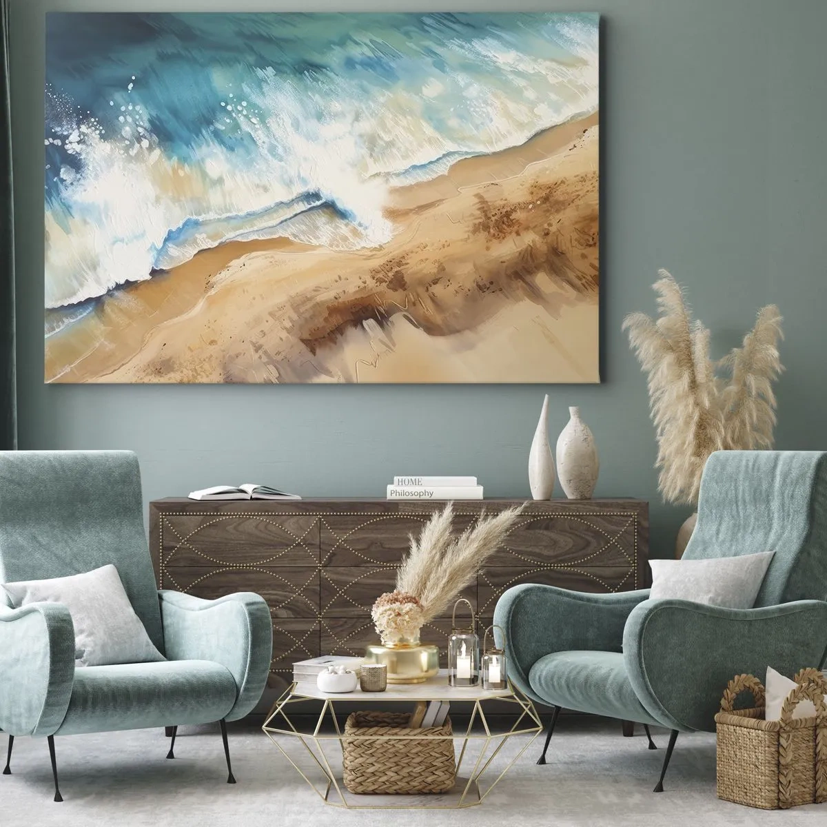 Cuadro sobre lienzo - Impresión de Imagen - Una ola del mar rompiendo contra la orilla arenosa - 100x70cm - Olas recurrentes - Decoración de pared moderna para salón y dormitorio ARTTOR