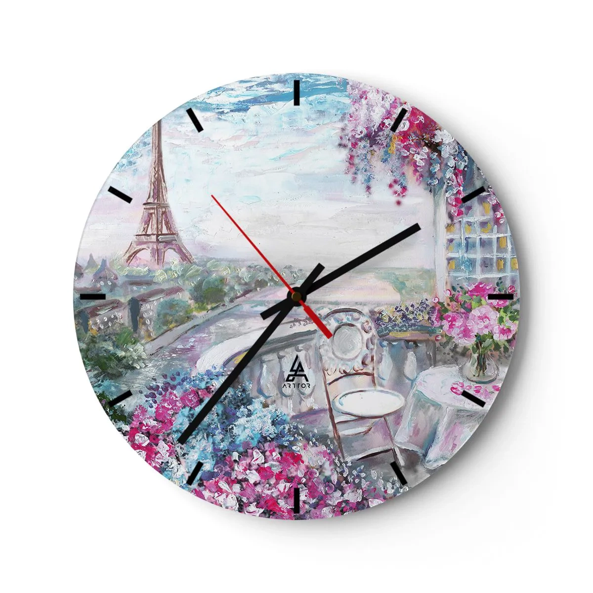 Reloj de pared - Reloj de vidrio - Vista pintoresca de la Torre Eiffel desde la terraza llena de flores. - 30x30cm - Mayo mágico en París - Decoración de pared moderna para salón, cocina y dormitorio ARTTOR