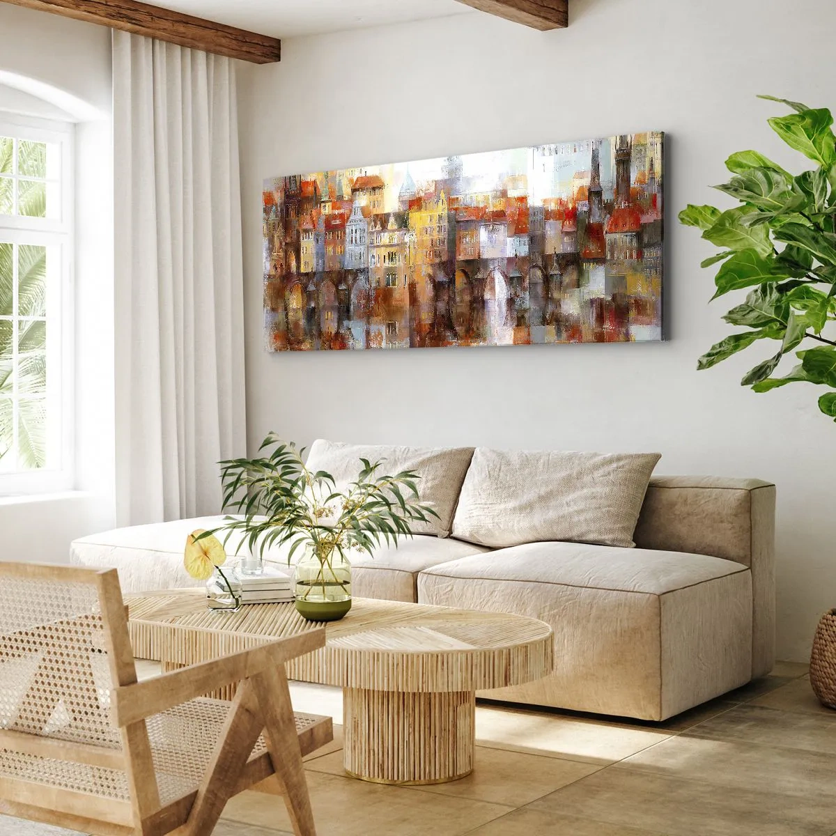 Cuadro sobre lienzo - Impresión de Imagen - Un pintoresco panorama de la ciudad con un puente en colores otoñales. - 120x50cm - Puente y ciudad - Decoración de pared moderna para salón y dormitorio ARTTOR