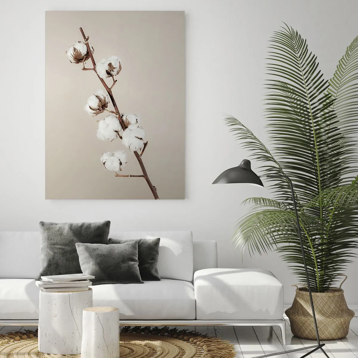 Cuadro sobre vidrio - Impresiones sobre Vidrio - Una ramita de algodón sobre un fondo beige. - 80x120cm - En la fuente de la suavidad - Decoración de pared moderna para salón y dormitorio ARTTOR