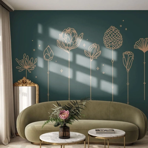 Fotomural Standard Eco - Hierbas doradas sobre un fondo verde oscuro en estilo lineal. - 100x70cm - La familia vegetal - Decoración de pared moderna para salón y dormitorio ARTTOR