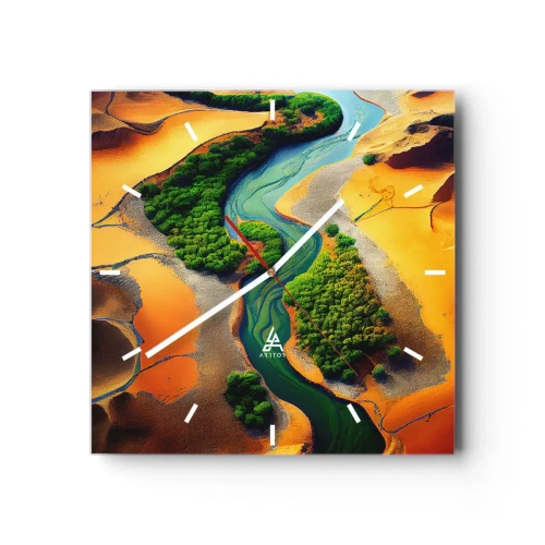 Reloj de pared - Reloj de vidrio - Un río verde rodeado de arenas doradas y vegetación. - 30x30cm - Río que da vida - Decoración de pared moderna para salón y dormitorio ARTTOR