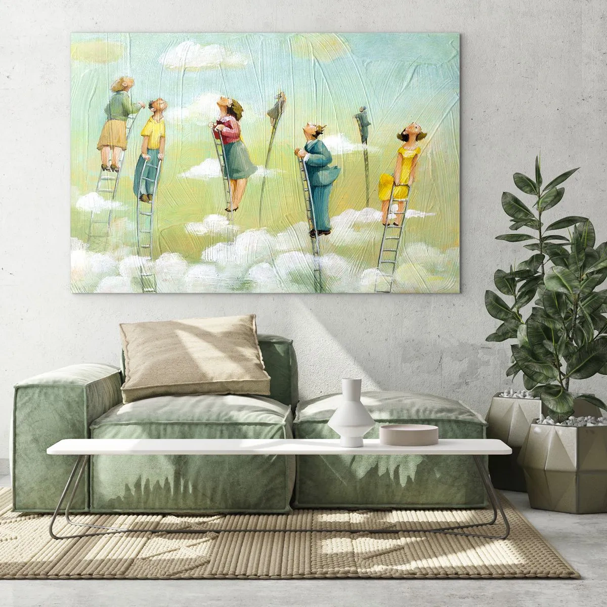 Cuadro sobre vidrio - Impresiones sobre Vidrio - Figuras subiendo escaleras entre las nubes - 70x50cm - Sigue tu sueño - Decoración de pared moderna para salón y dormitorio ARTTOR