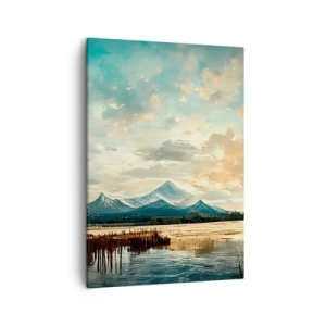 Cuadro sobre lienzo - Impresión de Imagen - Un paisaje pintoresco con una montaña y un lago tranquilo. - 50x70cm - Bajo la protección del cielo - Decoración de pared moderna para salón y dormitorio ARTTOR