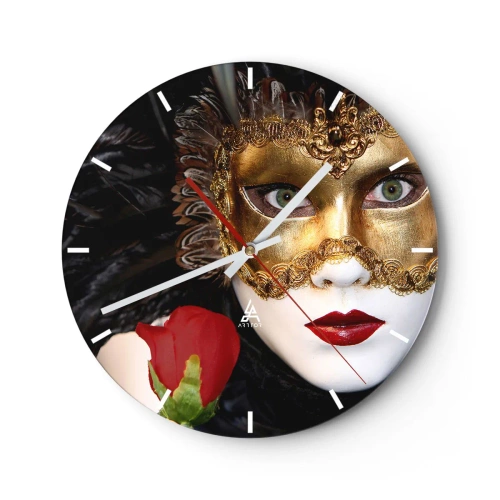 Reloj de pared - Reloj de vidrio - Máscara veneciana dorada con una rosa roja - 30x30cm - Porque la vida es un gran baile - Decoración de pared moderna para salón, cocina y dormitorio ARTTOR