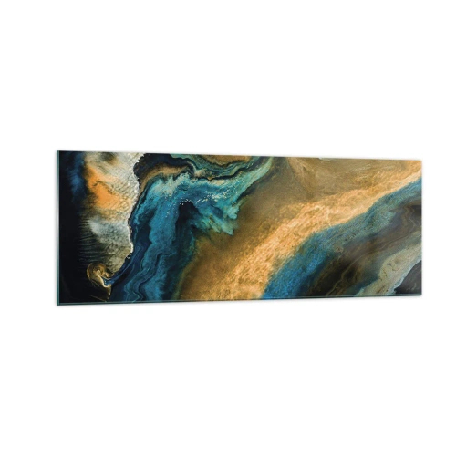 Cuadro sobre vidrio - Impresiones sobre Vidrio - Ondas abstractas en tonos dorados y azules. - 140x50cm - Azul - amarillo - influencia mutua - Decoración de pared moderna para salón y dormitorio ARTTOR
