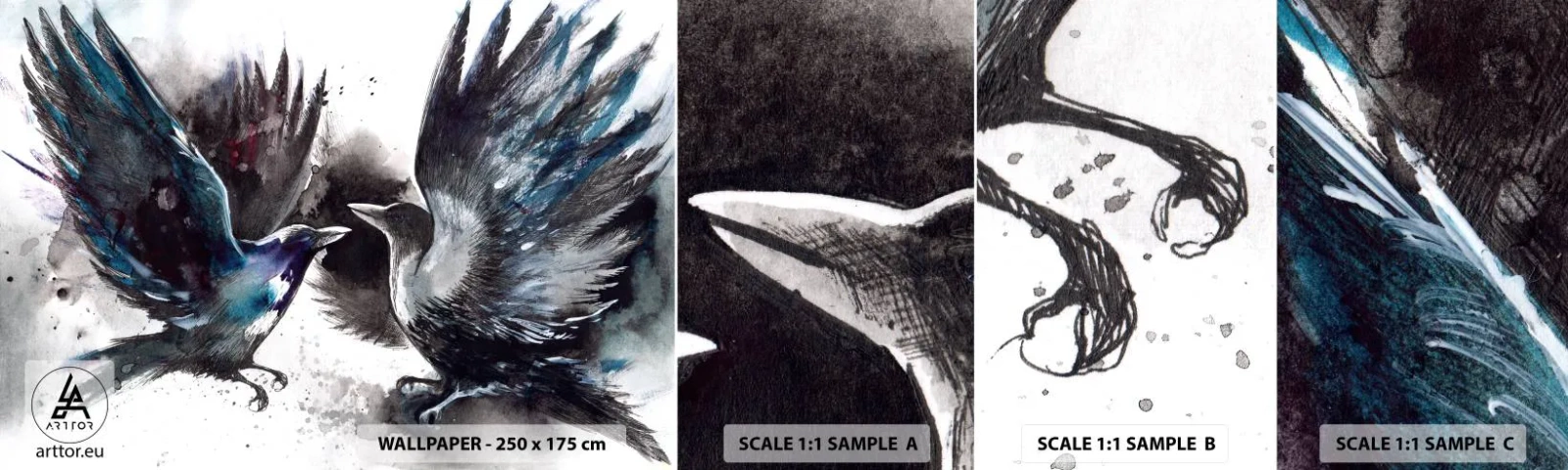 Muestra De Fotomural Standard Eco - De cuervo a cuervo... - Abstracción, Pájaro, animales - 100x30 cm