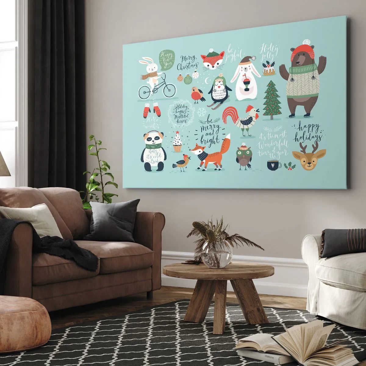 Cuadro sobre lienzo - Impresión de Imagen - Ilustración navideña de animales en un ambiente invernal. - 120x80cm - ¡Que siempre sea Navidad! - Decoración de pared moderna para salón y dormitorio ARTTOR
