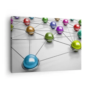 Cuadro sobre lienzo - Impresión de Imagen - Bolas de colores conectadas por líneas finas sobre un fondo blanco. - 70x50cm - Una red cósmica - Decoración de pared moderna para salón y dormitorio ARTTOR