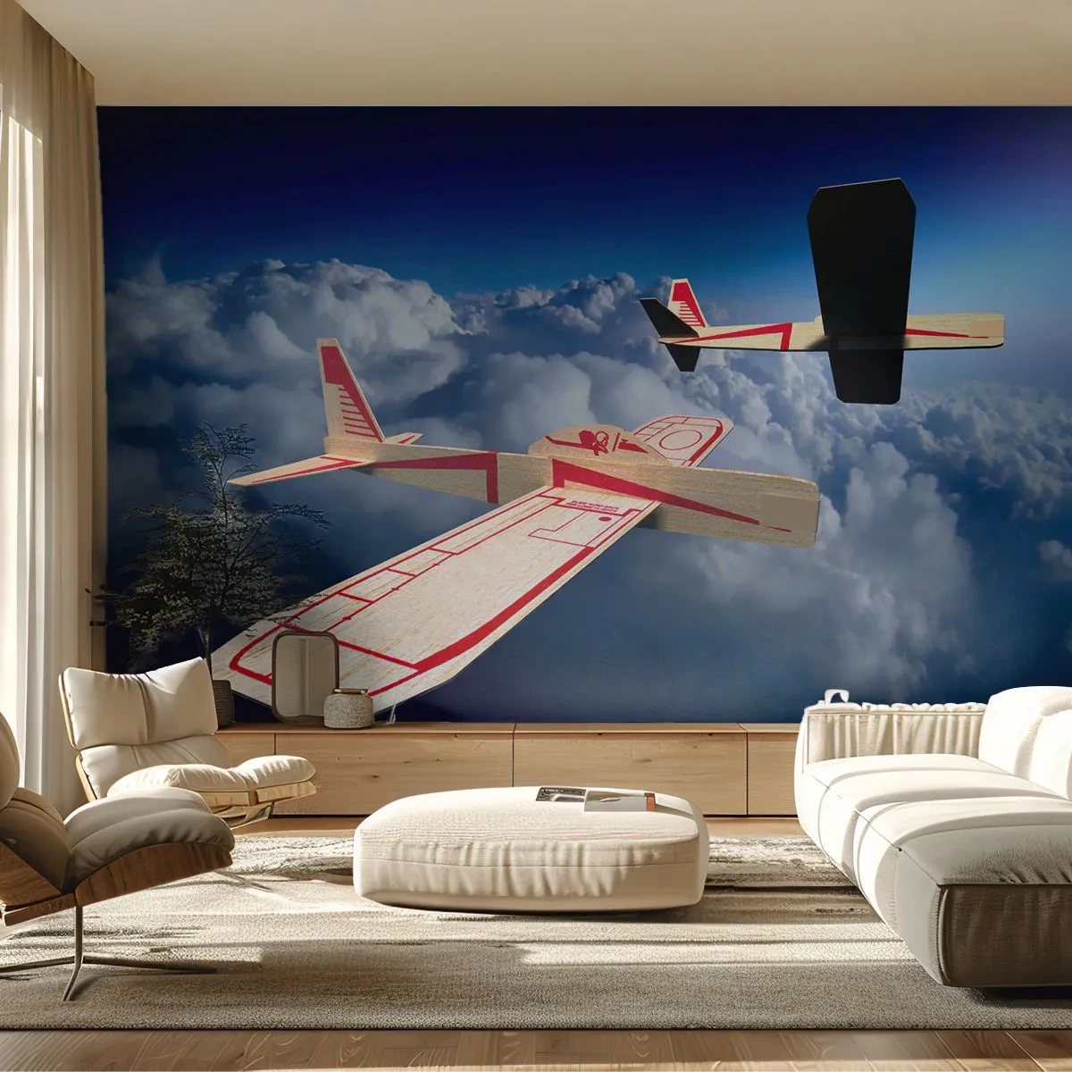 Fotomural Premium Sand - Dos aviones de madera volando sobre las nubes - 100x70cm - Más alto, más lejos - Decoración de pared moderna para salón y dormitorio ARTTOR