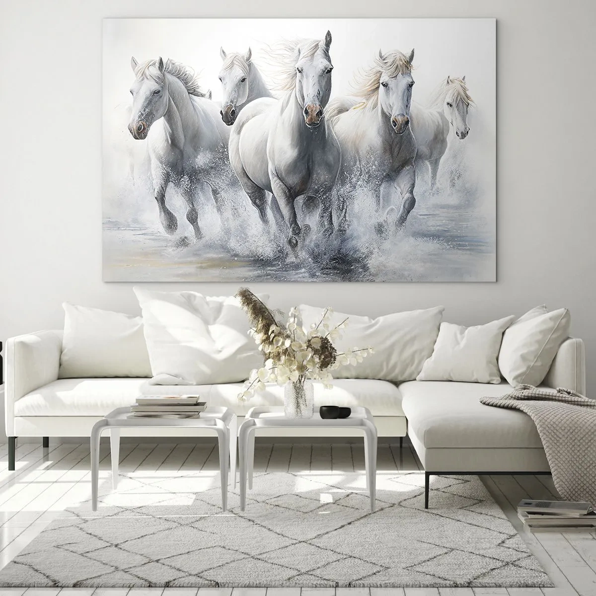 Cuadro sobre vidrio - Impresiones sobre Vidrio - Caballos blancos galopando a través del agua en una composición dinámica - 70x50cm - Magia blanca - Decoración de pared moderna para salón y dormitorio ARTTOR