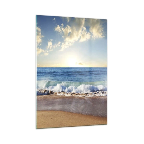 Cuadro sobre vidrio - Impresiones sobre Vidrio - Olas del océano rompiendo en una playa dorada al amanecer - 50x70cm - Movimiento y quietud al mismo tiempo - Decoración de pared moderna para salón y dormitorio ARTTOR
