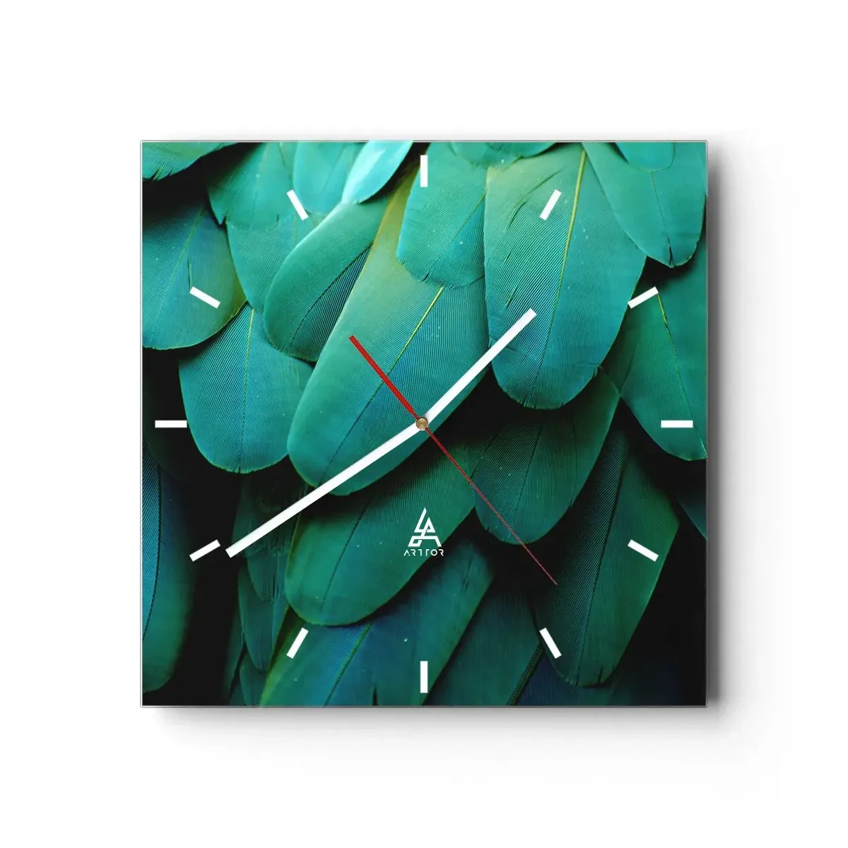 Reloj de pared - Reloj de vidrio - Detalle de plumas en tonos verdes. - 30x30cm - La precisión de la naturaleza - Decoración de pared moderna para salón y dormitorio ARTTOR