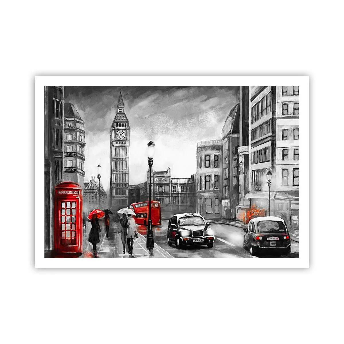 Póster - Una escena de Londres en blanco y negro con acentos rojos. - 100x70cm - No tan gris como la pintan - Decoración de pared moderna para salón y dormitorio ARTTOR