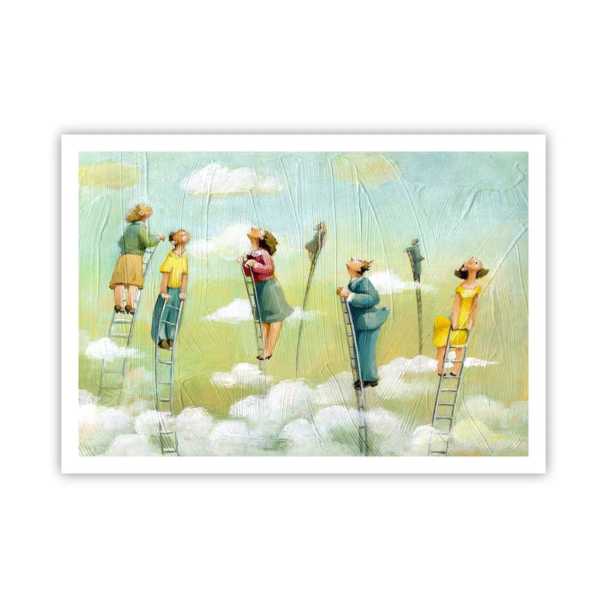 Póster - Figuras subiendo escaleras entre nubes sobre un fondo pastel. - 100x70cm - Sigue tu sueño - Decoración de pared moderna para salón y dormitorio ARTTOR