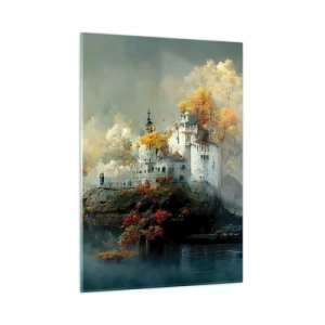Cuadro sobre vidrio - Impresiones sobre Vidrio - Un castillo sobre una roca rodeado de niebla y árboles otoñales. - 50x70cm - El comienzo de una historia romántica - Decoración de pared moderna para salón y dormitorio ARTTOR