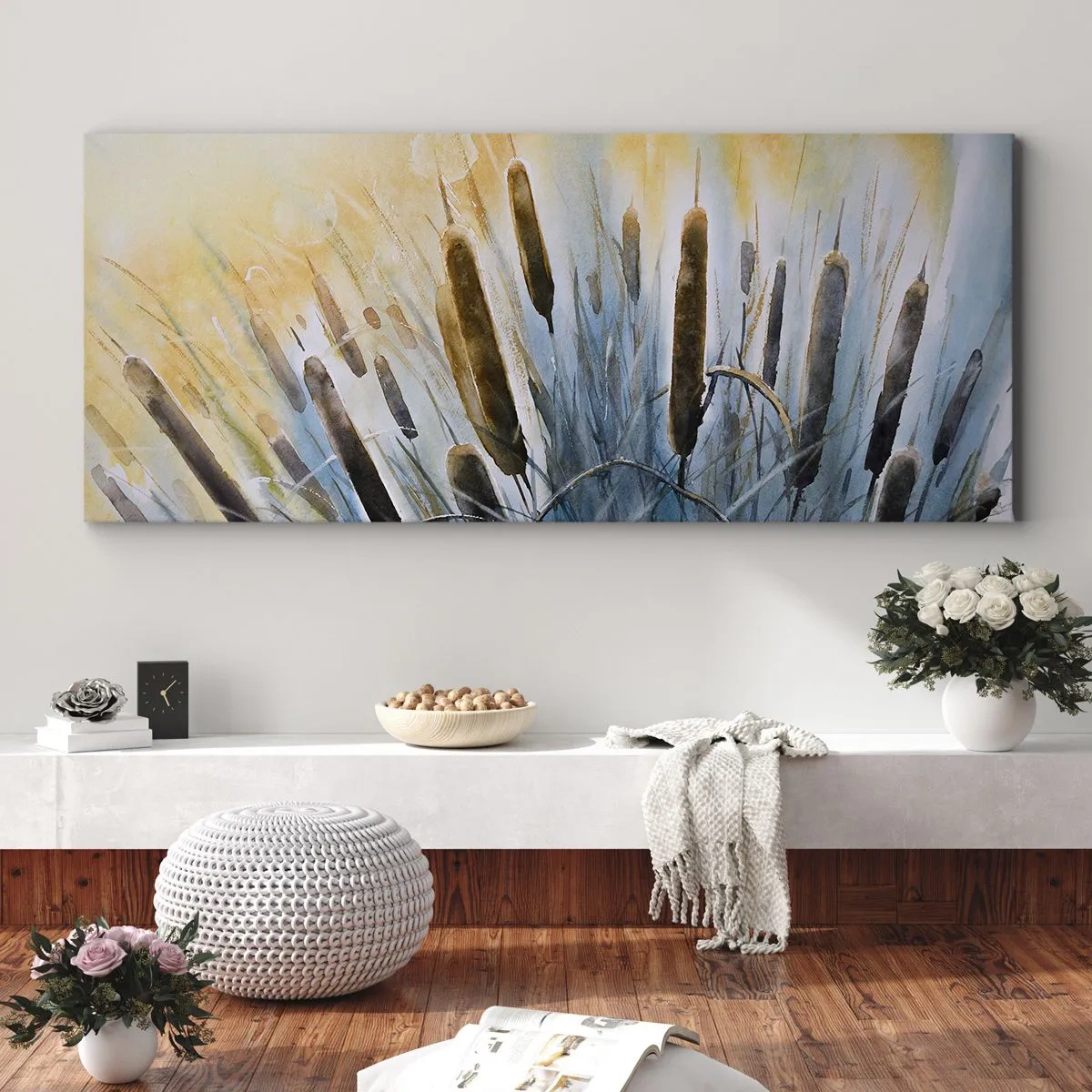 Cuadro sobre lienzo - Impresión de Imagen - Cañas pintorescas bajo los rayos del sol - 140x50cm - El frío del agua, el calor del sol - Decoración de pared moderna para salón y dormitorio ARTTOR