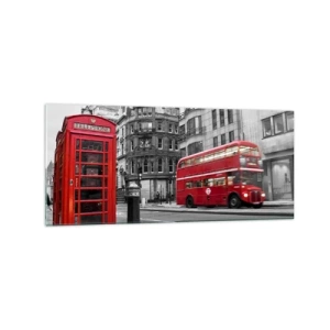 Cuadro sobre vidrio - Impresiones sobre Vidrio - Una cabina telefónica roja y un autobús de dos pisos en Londres con la ciudad al fondo. - 120x50cm - El más rojo de Europa - Decoración de pared moderna para salón y dormitorio ARTTOR