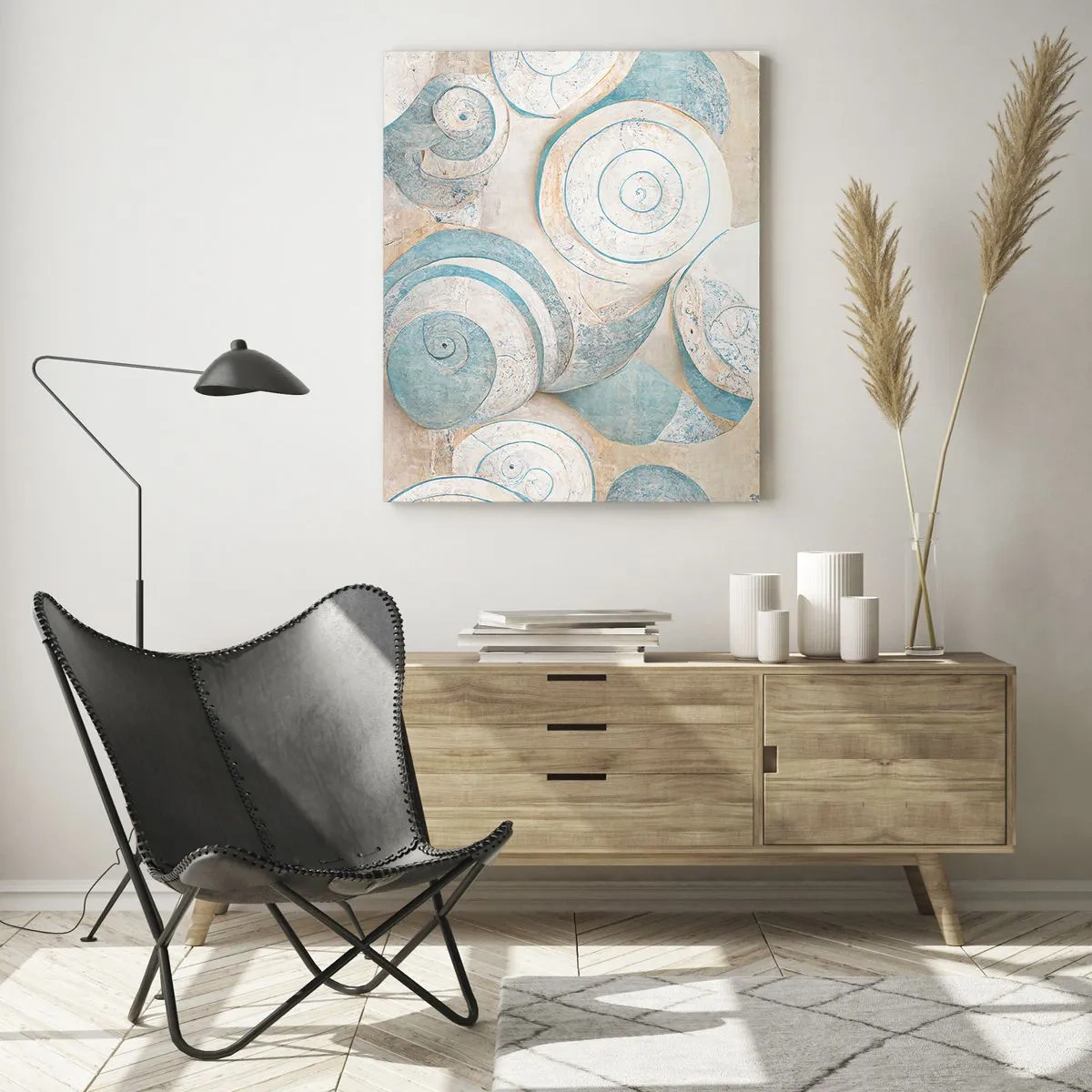 Cuadro sobre vidrio - Impresiones sobre Vidrio - Conchas en una paleta azul y beige sobre un fondo estructurado. - 50x70cm - ¿Qué esconden en su interior? - Decoración de pared moderna para salón y dormitorio ARTTOR