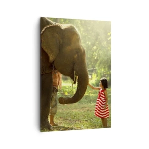 Cuadro sobre lienzo - Impresión de Imagen - Una niña con un vestido rojo tocando un elefante en el bosque. - 70x100cm - El poder de la amistad - Decoración de pared moderna para salón y dormitorio ARTTOR