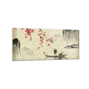 Cuadro sobre vidrio - Impresiones sobre Vidrio - Ilustración oriental con un barco y una rama floreciente. - 120x50cm - En el país de los cerezos en flor - Decoración de pared moderna para salón y dormitorio ARTTOR