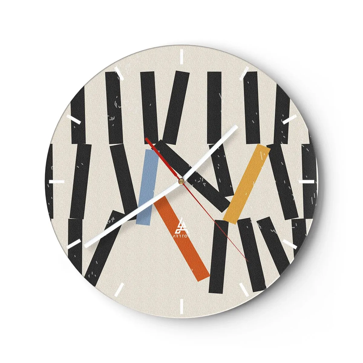 Reloj de pared - Reloj de vidrio - Dominós de colores y negros sobre un fondo claro en un diseño gráfico. - 30x30cm - Dominó - composición - Decoración de pared moderna para salón, cocina y dormitorio ARTTOR