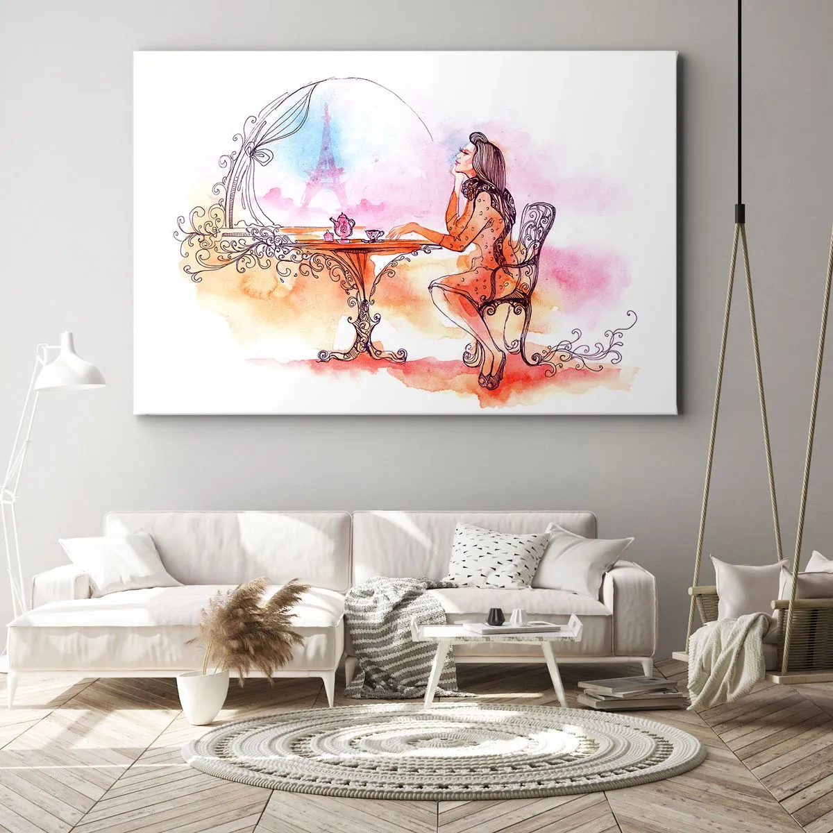 Cuadro sobre lienzo - Impresión de Imagen - Acuarela romántica de una mujer en un café con vistas a una torre. - 100x70cm - Estilo parisino - Decoración de pared moderna para salón y dormitorio ARTTOR