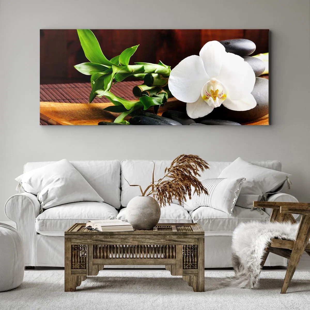 Cuadro sobre lienzo - Impresión de Imagen - Orquídea blanca con bambú sobre un fondo de piedra de estilo zen. - 120x50cm - Ríndete al tacto de la naturaleza - Decoración de pared moderna para salón y dormitorio ARTTOR