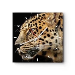 Reloj de pared - Reloj de vidrio - Primer plano de la cabeza de un leopardo sobre un fondo negro - 30x30cm - Tranquilo, concentrado, preparado - Decoración de pared moderna para salón y dormitorio ARTTOR