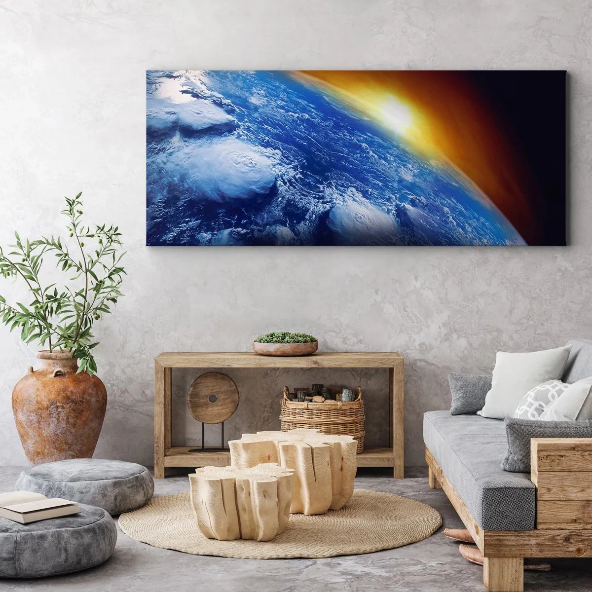 Cuadro sobre lienzo - Impresión de Imagen - Vista de la Tierra desde el espacio al atardecer - 140x50cm - Amanecer en un planeta azul - Decoración de pared moderna para salón y dormitorio ARTTOR