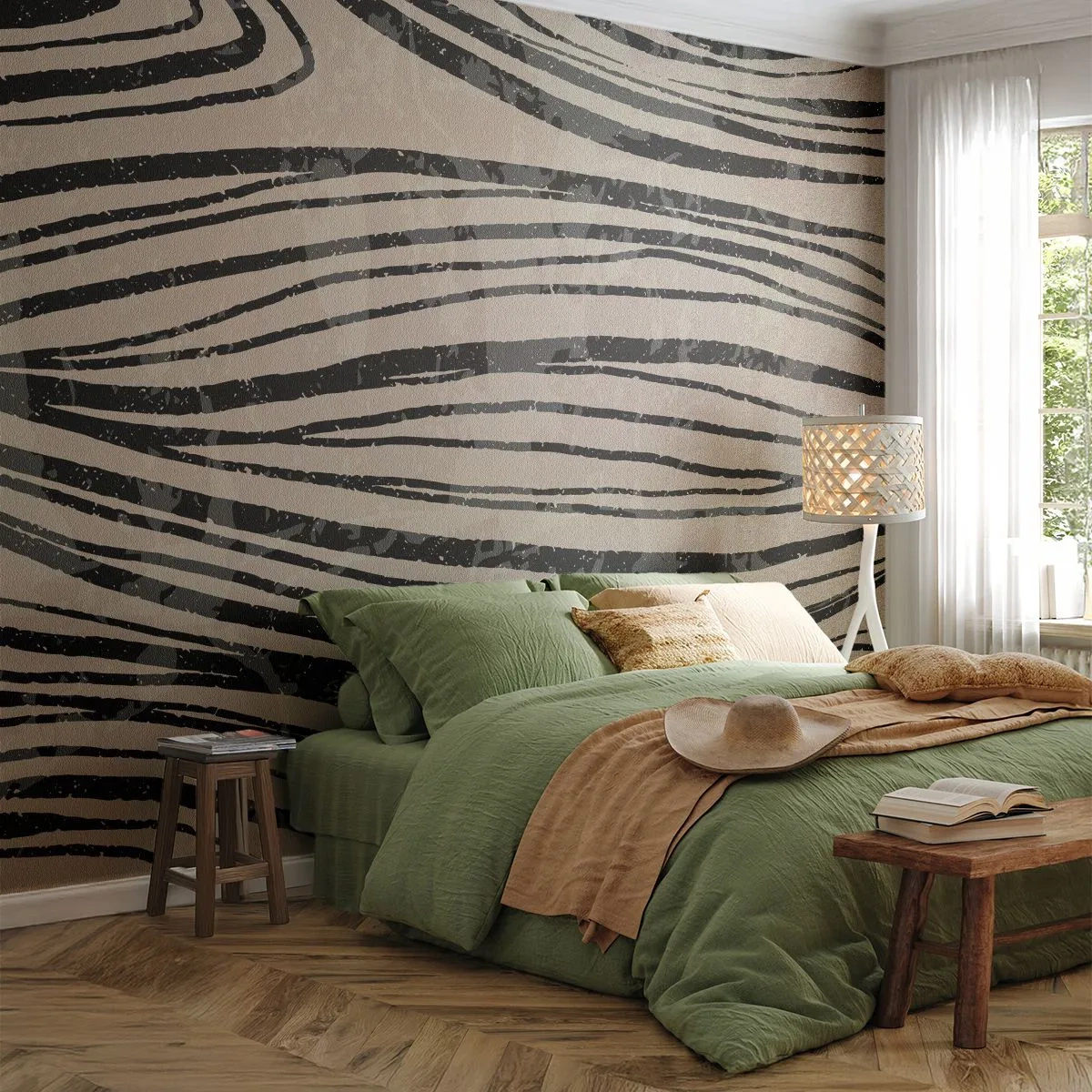 Fotomural Premium Sand - Líneas abstractas en tonos negros sobre un fondo beige - 100x70cm - Salpicadura de líneas - Decoración de pared moderna para salón y dormitorio ARTTOR