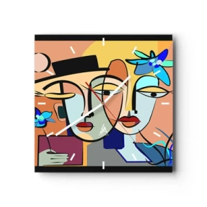 Reloj de pared - Reloj de vidrio - Retratos cubistas en colores vibrantes con motivo floral. - 30x30cm - Randez vous de Picasso - Decoración de pared moderna para salón y dormitorio ARTTOR