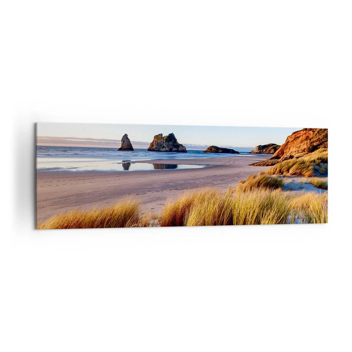 Cuadro sobre lienzo - Impresión de Imagen - Una playa pintoresca con vistas a las rocas y al mar al atardecer. - 160x50cm - Para buscadores de tranquilidad - Decoración de pared moderna para salón y dormitorio ARTTOR