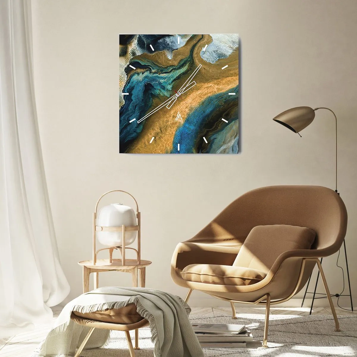 Reloj de pared - Reloj de vidrio - Azul - amarillo - influencia mutua - 40x40 cm