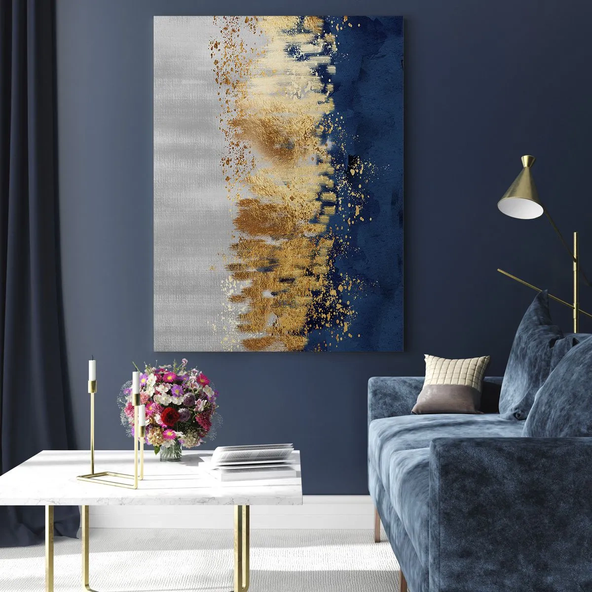 Cuadro sobre vidrio - Impresiones sobre Vidrio - Acentos dorados sobre un fondo azul marino y plateado. - 50x70cm - Composición moderna con chispas - Decoración de pared moderna para salón y dormitorio ARTTOR