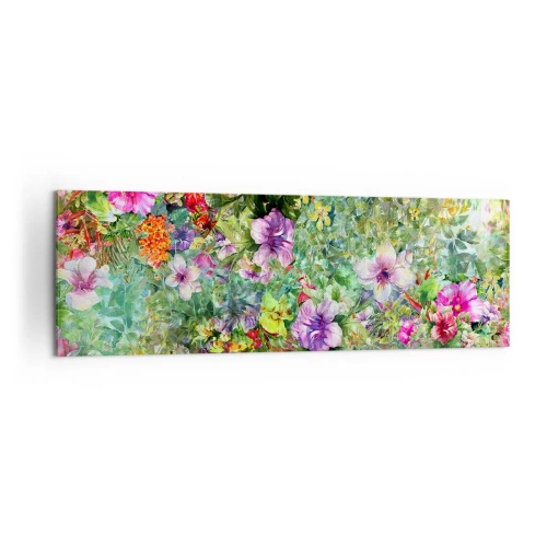 Cuadro sobre lienzo - Impresión de Imagen - Un arreglo floral colorido sobre un fondo verde. - 160x50cm - En flores a la perdición - Decoración de pared moderna para salón y dormitorio ARTTOR